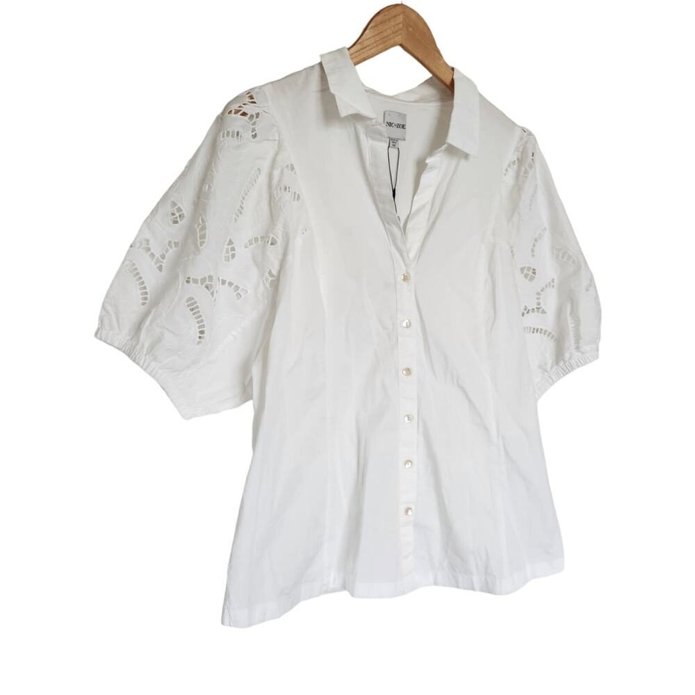 Nic+Zoe Eyelit Sleeves White Button Front Blouse Size 1X NWT - Picture 3 of 11